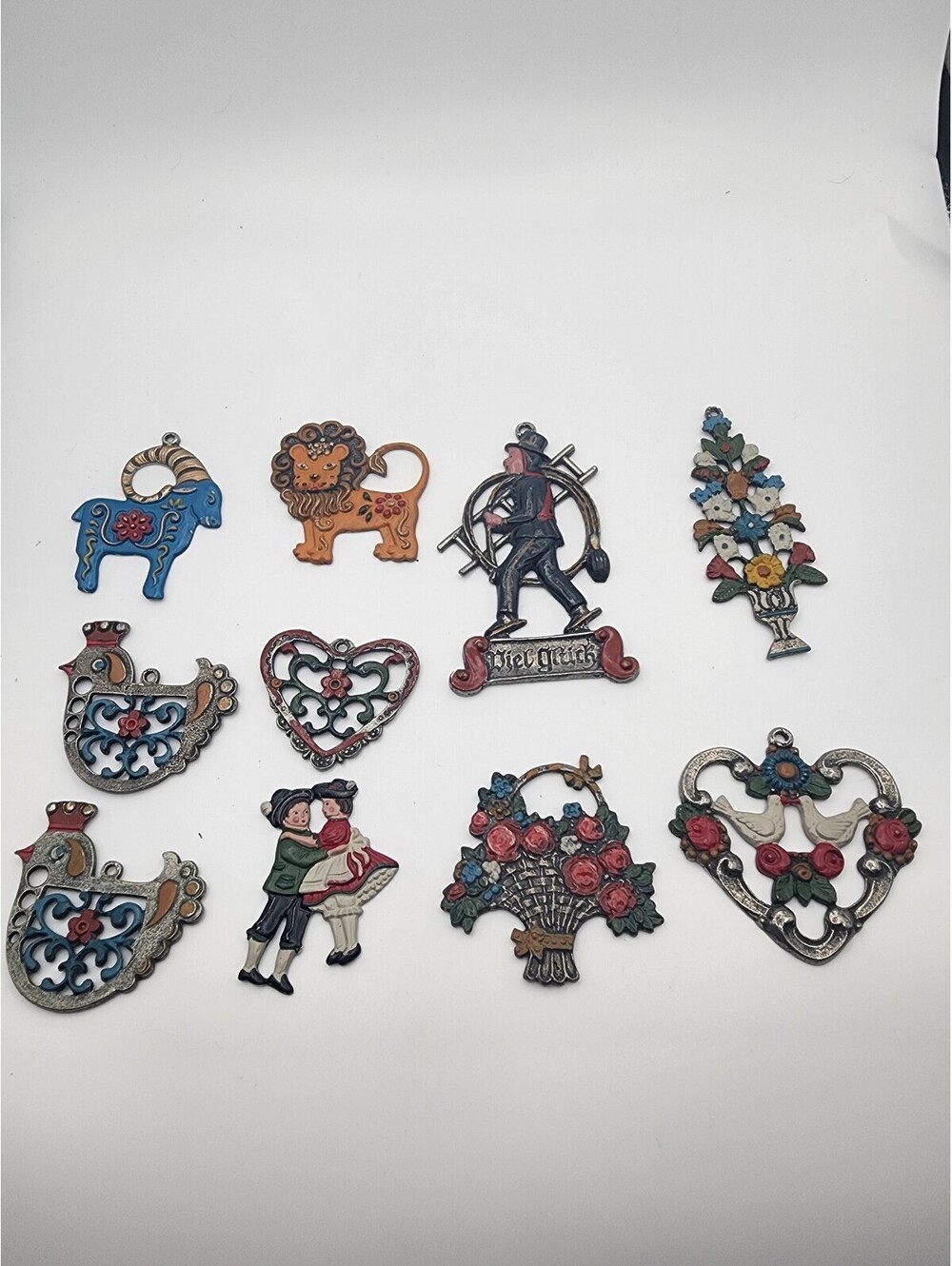 Vintage German Kuhn Zinn Hand-Painted 93% Pewter Folk Art Ornaments Set of 10